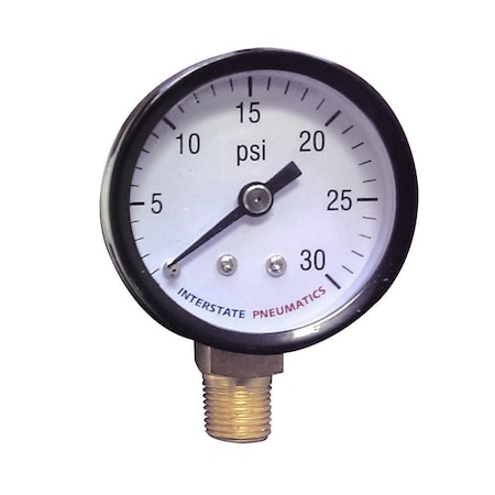 Interstate Pneumatics Pressure Gauge 0-30 PSI 1-1/2 Inch Diameter 1/8 Inch NPT Bottom Mount G2001-030